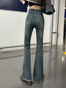 Women's Casual Flared Jeans With Pockets - Blue - View 2