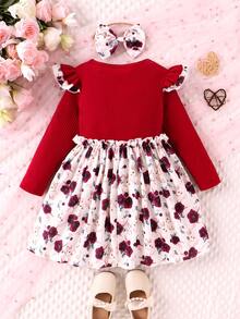 SHEIN 小女孩春秋日常休閒假期可愛的花印圓領長袖連衣裙和髮帶 - 酒紅色 - 查看 2