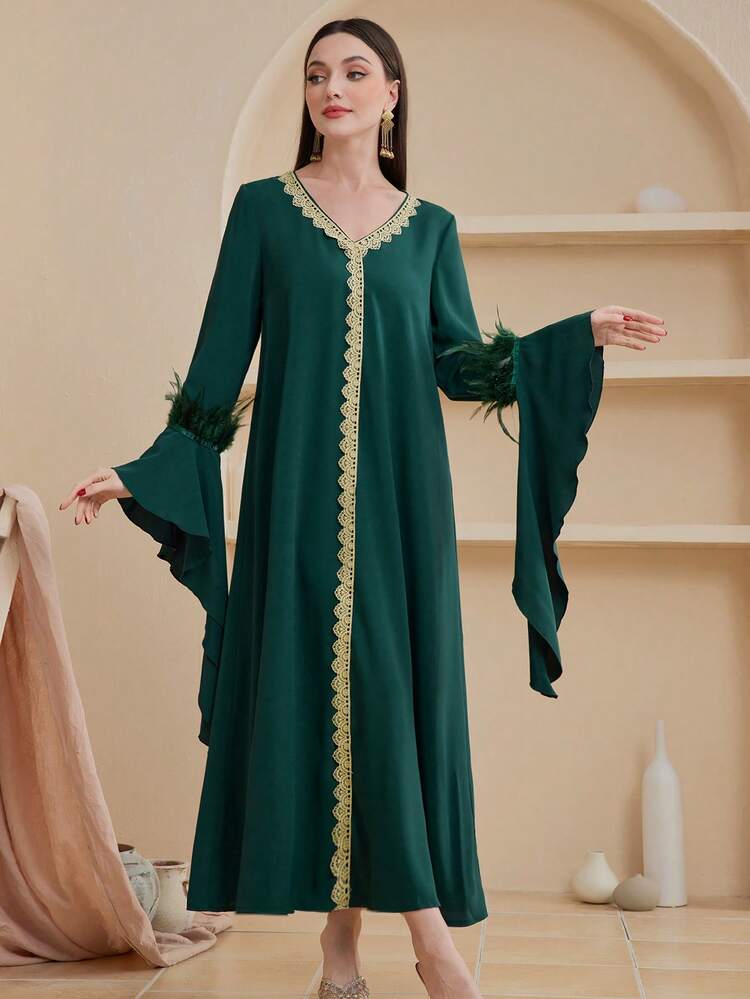 Embroidered Patchwork Fuzzy Decorated Flared Sleeve Dress