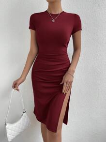 SHEIN Essnce Women's Round Neck High Slit Dress - Red - View 4