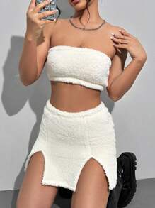 SHEIN Unity Bộ áo và váy không dây lông 2 món (Không có áo khoác) - Màu be - Xem 6