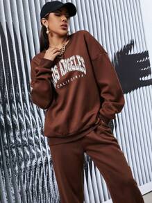 SHEIN Unity Bộ thời trang Lá thư Thể thao - Màu nâu Sô-cô-la - Xem 4