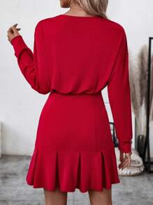 Chiquease Váy dài tay bèo nhún màu trơn cho quần áo năm mới - Đỏ - Xem 2