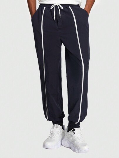 Prep Men'S Fashionable Drawstring Cuffed Pants With Double-Zipper Design, Perfect For Spring & Summer