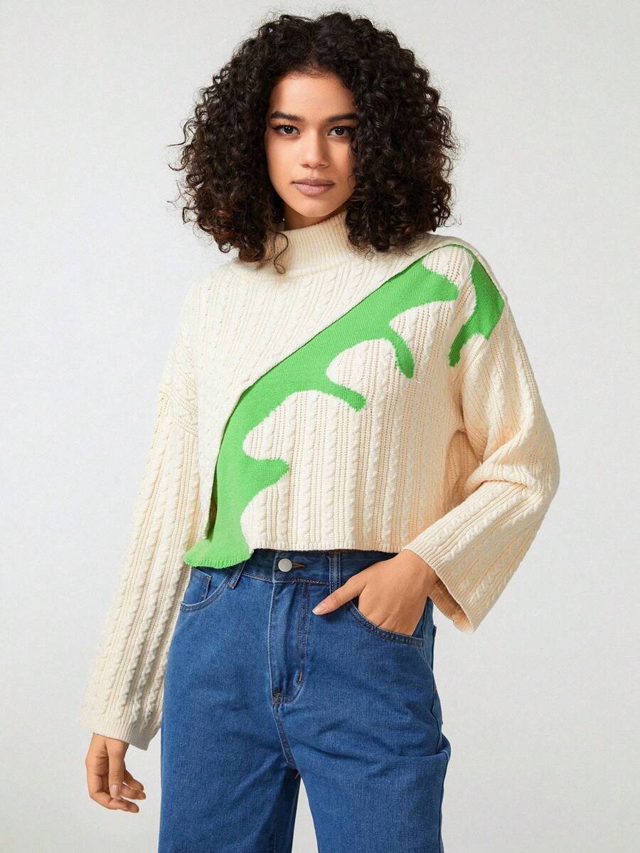 Bowen Tang Women Contrast Color Stand Collar Drop Shoulder Sweater