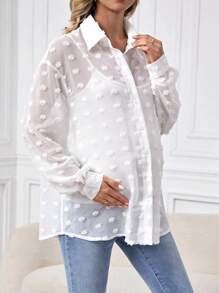 SHEIN Maternity Sheer Mesh Perspective Long Sleeve Shirt - White - View 5