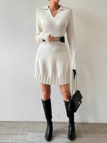 Chiquease 女士純色針織毛衣連身裙 - 杏色 - 查看 5