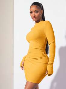 SHEIN SXY 純色長袖修身連身裙 - 黃色 - 查看 1