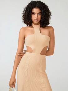 Château du Pearl 设计师露背领镂空粗针织优雅毛衣裙，适合节日、派对装、生日装、节庆、婚礼、舞会礼服 - 杏色 - 查看 5