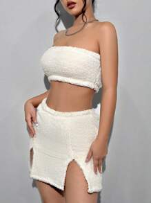 SHEIN Unity Bộ áo và váy không dây lông 2 món (Không có áo khoác) - Màu be - Xem 5