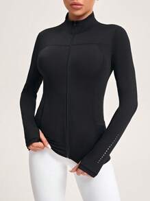 SHEIN Yoga Basic Zipper Closure Long Sleeve Sport Jacket With Pockets - Black - View 6