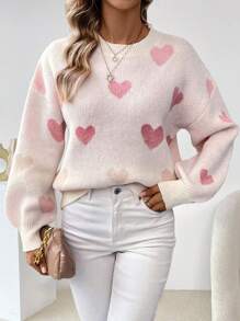 SHEIN LUNE Casual Women's Heart Pattern Knit Pullover Fall Winter Sweater - Pink - View 1