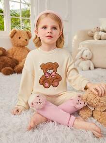 小女孩的卡通熊刺繡下肩毛絨家居服套裝 - 杏色 - 查看 6