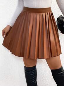 SHEIN Frenchy Kích thước lớn Màu thuần Chân Váy xếp ly - Cà phê nâu - Xem 1