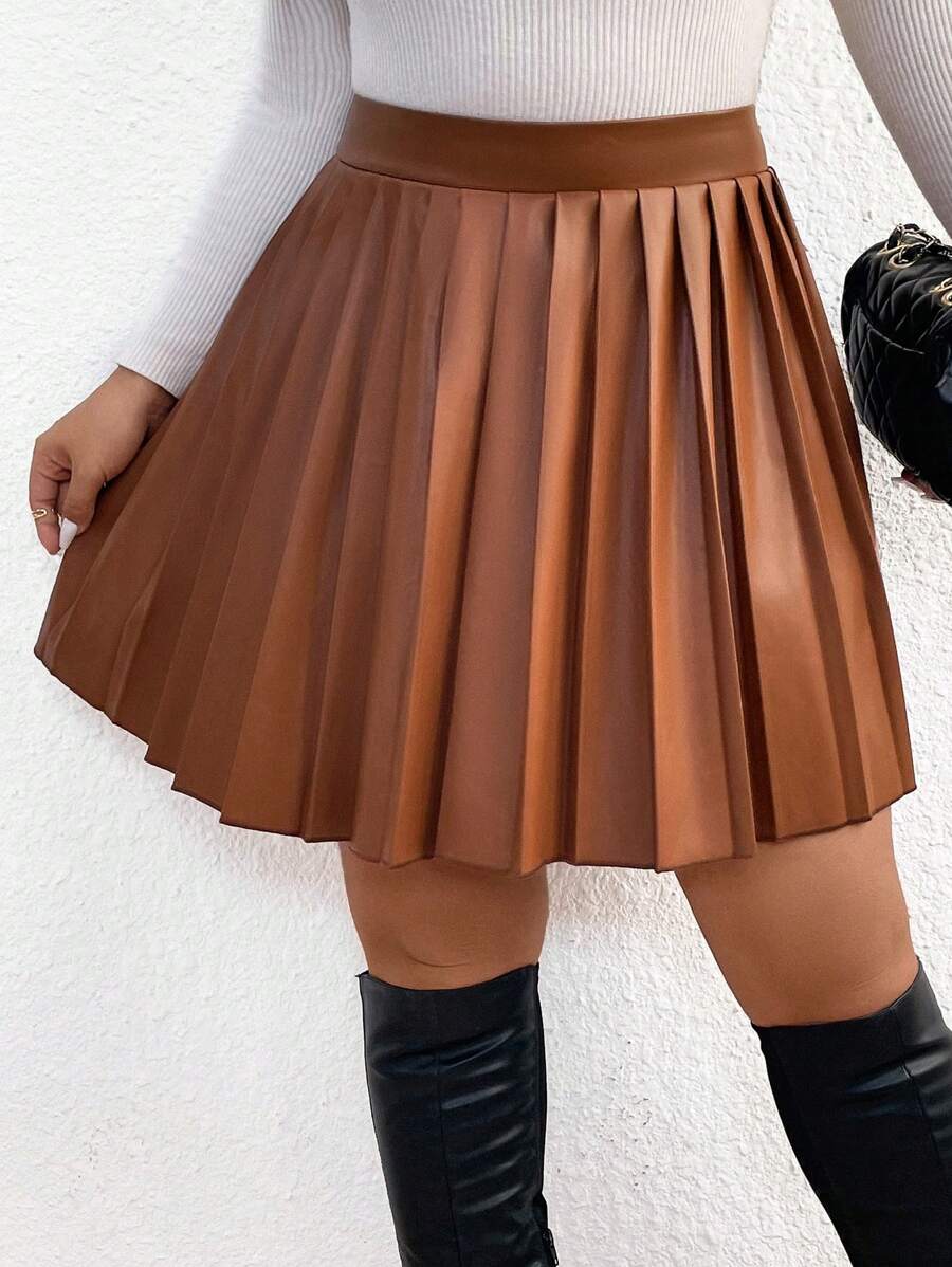 SHEIN Frenchy Kích thước lớn Màu thuần Chân Váy xếp ly - Cà phê nâu - Xem 1