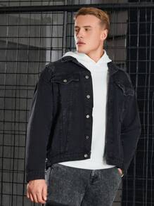 SHEIN Cottnline جاكيت جينز رجالي بأكمام طويلة ممزق - رمادي - مشاهدة 3