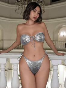 Swim EVENT Conjunto de bikini bandeau con detalle de cordón, con acabado brillante, para el verano - Plateado - Ver 1