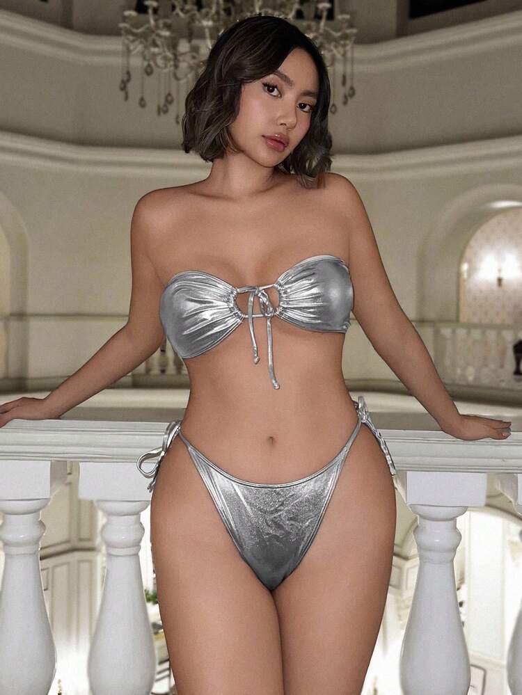 Shiny Coated Bandeau Bikini Set With Drawstring Detail Summer