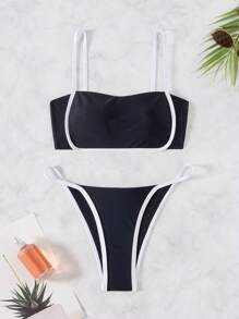 Swim DD+ Bộ bikini dây đeo spaghetti tương phản ràng buộc bãi biển mùa hè - Đen và trắng - Xem 5