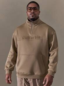Manfinity Homme Men'S Plus Size Half Zip Sweatshirt With Kangaroo Pocket And Letter Embroidery