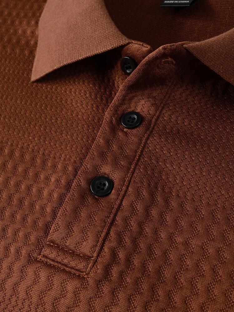Manfinity Homme Men's Solid Color Long Sleeve Polo Shirt - Brown - View 4