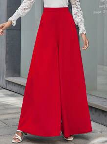 SHEIN LUNE Solid Color Wide Leg Pants With Hidden Pocket For New Year Clothes Fall Cloth For Women - Red - View 5