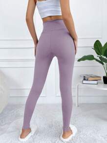 EURMUSE Solid Wideband Waist Leggings - Pink - View 2