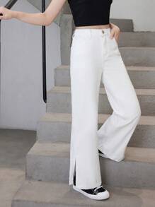 Cô gái Tween Trắng Eo cao quần ống rộng Quần jean - trắng - Xem 3
