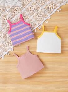 SHEIN Baby Girls' Rainbow Pattern Striped Tank Top Set, 3pcs - Multicolor - View 2