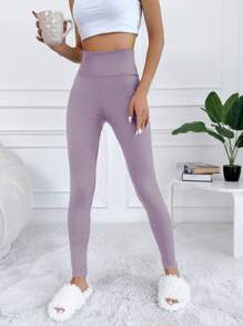 EURMUSE Solid Wideband Waist Leggings - Pink - View 5