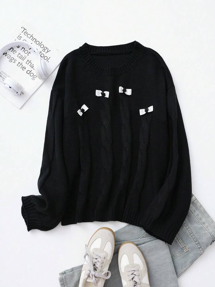 Plus Size Sweater With Bow Decorations Knit Pullover Fall Winter Sweater