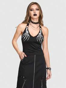 ROMWE Skull & Hand Print Metal Buckled Halterneck Tight Tank Top For Sexy Punk Gothic Style - Black - View 6