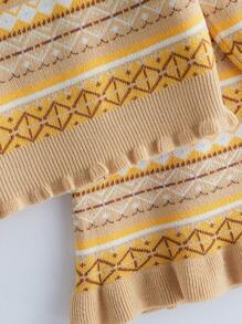 SHEIN Cô gái In Hình học Nút Lên Áo len Mở Và Ruffled Hem Váy dệt kim Bộ - Màu be - Xem 4