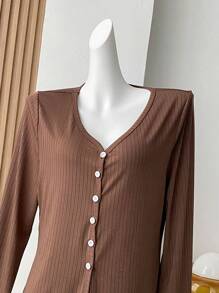 Flirla Plus Size Women's Long Sleeve T-Shirt With Single-Breasted Closure Fall Cloth For Women - Khaki - View 4