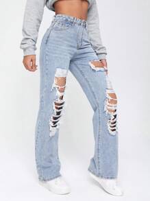 SHEIN EZwear 淺色水洗鏤空破洞直筒牛仔褲 - 淺色水洗藍 - 查看 5