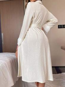 Women's Contrast Lapel Belted Robe - Beige - View 2