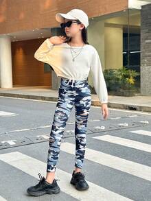 SHEIN Girls' Camouflage Hollow Out Leggings - Dusty Blue - View 4