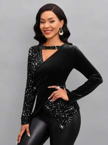 SHEIN Lady 镂空不对称下摆拼布亮片长袖 T 恤 - 黑色 - 查看 4