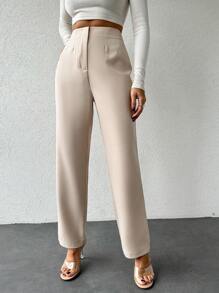 EURMUSE High Waist Slant Pocket Pants - Beige - View 3