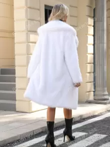 RELISH NOLESS 1pc Women's Solid Color Long Sleeve Long Fluffy Collar Cardigan Jacket For Winter