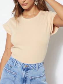 SHEIN Blusa básica lisa de malha com manga curta feminina em algodão - Bege - Visão 4