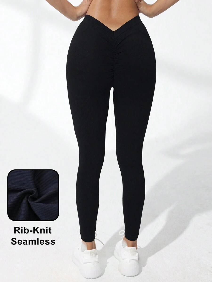 無縫高彈運動緊身褲 - 黑色 - 查看 1