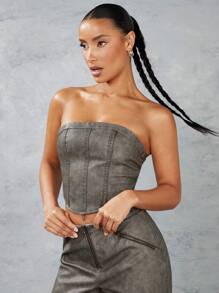 SHEIN BAE Solid Color Vintage Distressed Leather Asymmetrical Hem Backless Corset Top With Intricate Lace-Up Detail - Coffee Brown - View 5