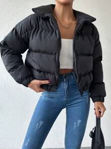 EURMUSE 純色短款棉袍外套 - 黑色 - 查看 1