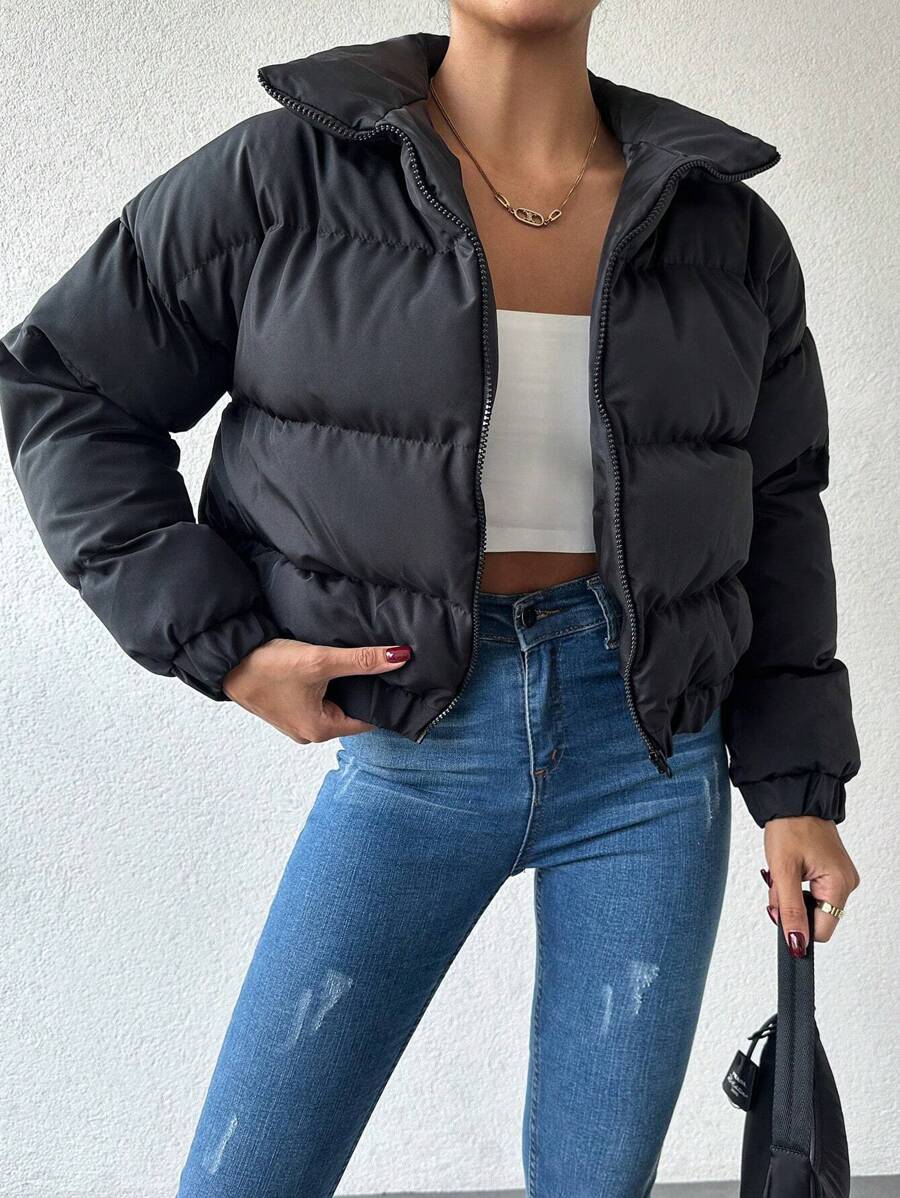 EURMUSE 純色短款棉袍外套 - 黑色 - 查看 1