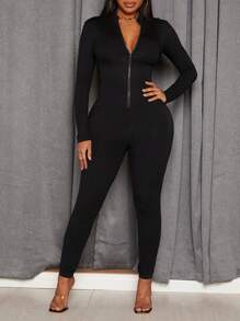 Slaydiva Front Zipper Long Sleeve Unitard Jumpsuit - Black - View 3