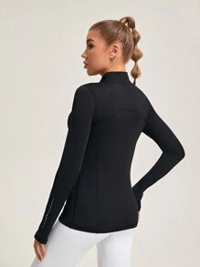 SHEIN Yoga Basic Zipper Closure Long Sleeve Sport Jacket With Pockets - Black - View 3