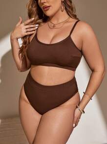 Swim Vcay Summer Beach Plus Size Women's Rib-Knit Bikini Set Bathing Suit - Brown - View 5