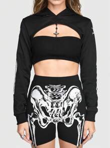 ROMWE Goth Sudadera Super Corta Gótica De Patrón De Esqueleto Para Mujer Con Diseño De Encaje Con Ojales En La Espalda - Negro - Ver 6
