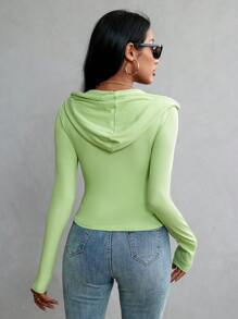 SHEIN Essnce 抽繩長袖連帽 T 卹 - 綠色 - 查看 2